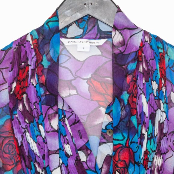 🌹 Diane von Furstenberg Stained Glass Floral Rose Silk Blouse - Purple Blue Red - Picture 8 of 13